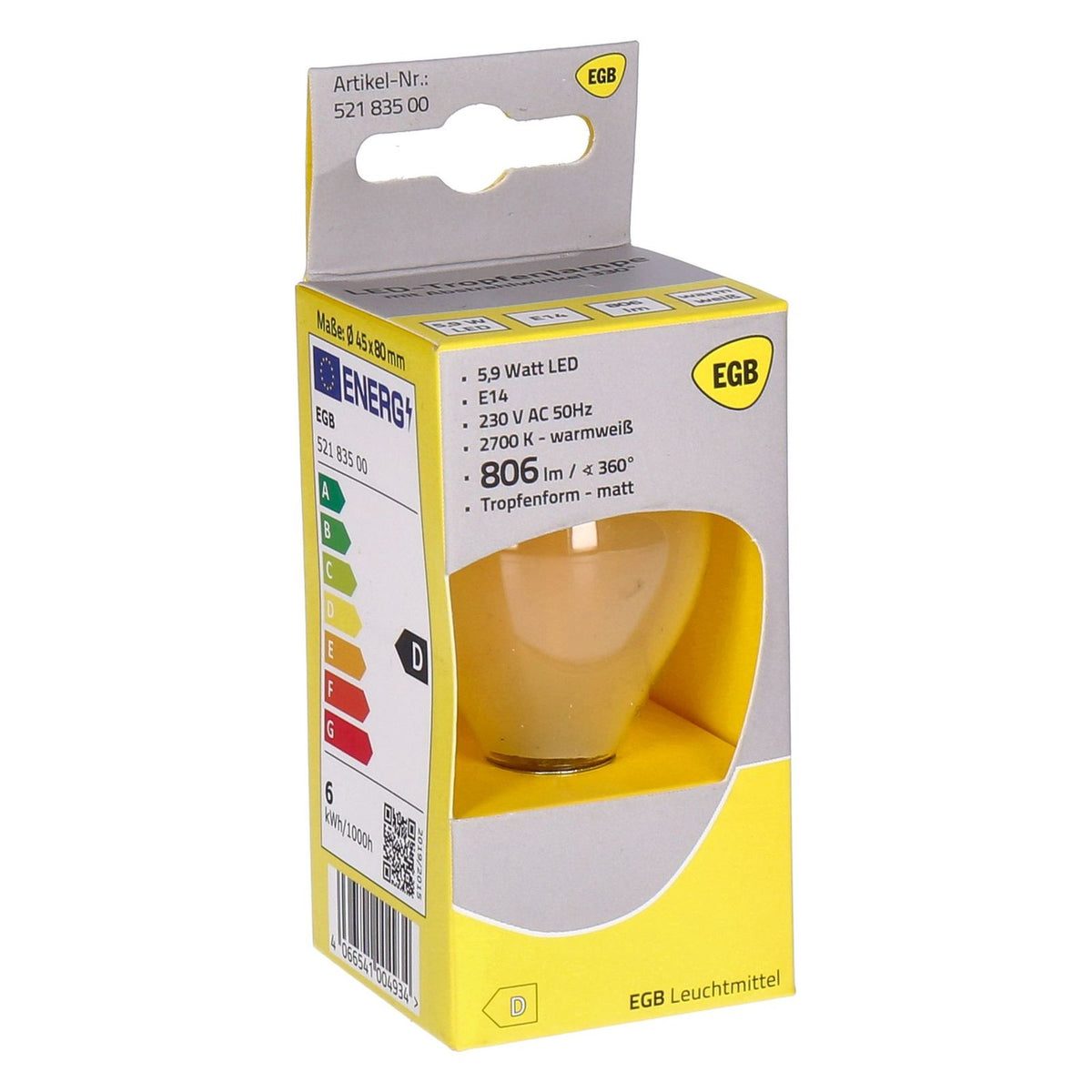 Produktbild LED-Leuchtmittel - Tropfenl. 5,9W 806lm 2700K E14