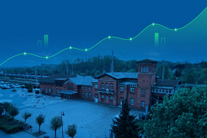 Der historische Bahnhof Eilenburg, Sitz von talk-point, mit Preisdaten-Kurve