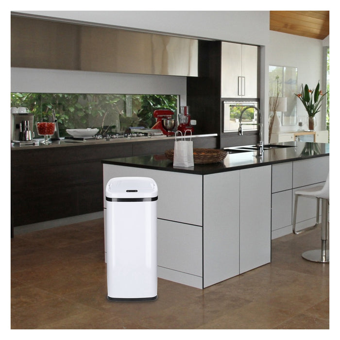 TP Sensor Mülleimer aus Edelstahl, Abfallbehälter für Küche, automatischer Deckel, eckig, in weiß 40 Liter